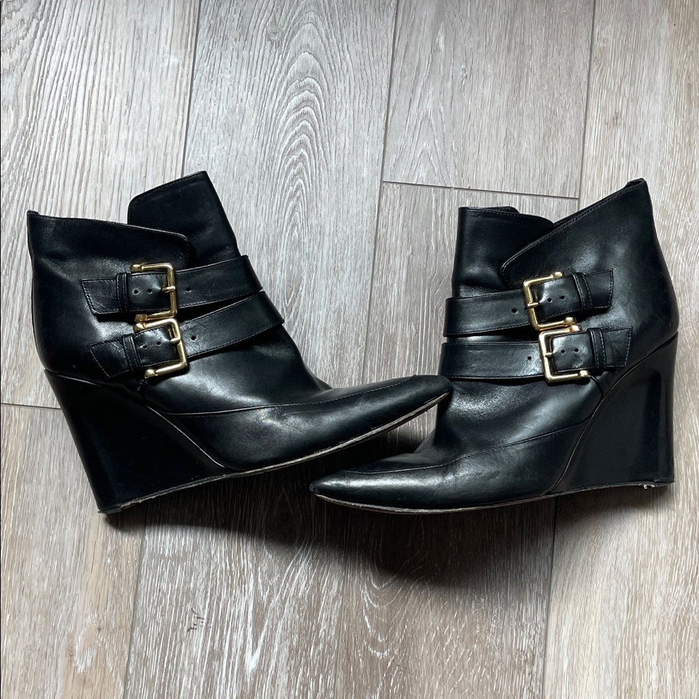 Derek Lam Black Wedge Ankle Boots with Gold Buckles